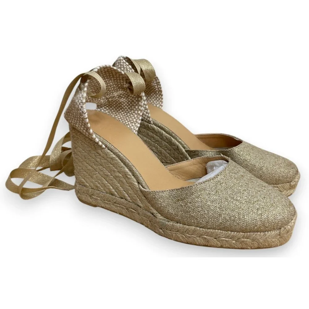 Castaner Carina Wedge Espadrilles Womens 38 7.5 Gold Wedges Sandals Lace Up New